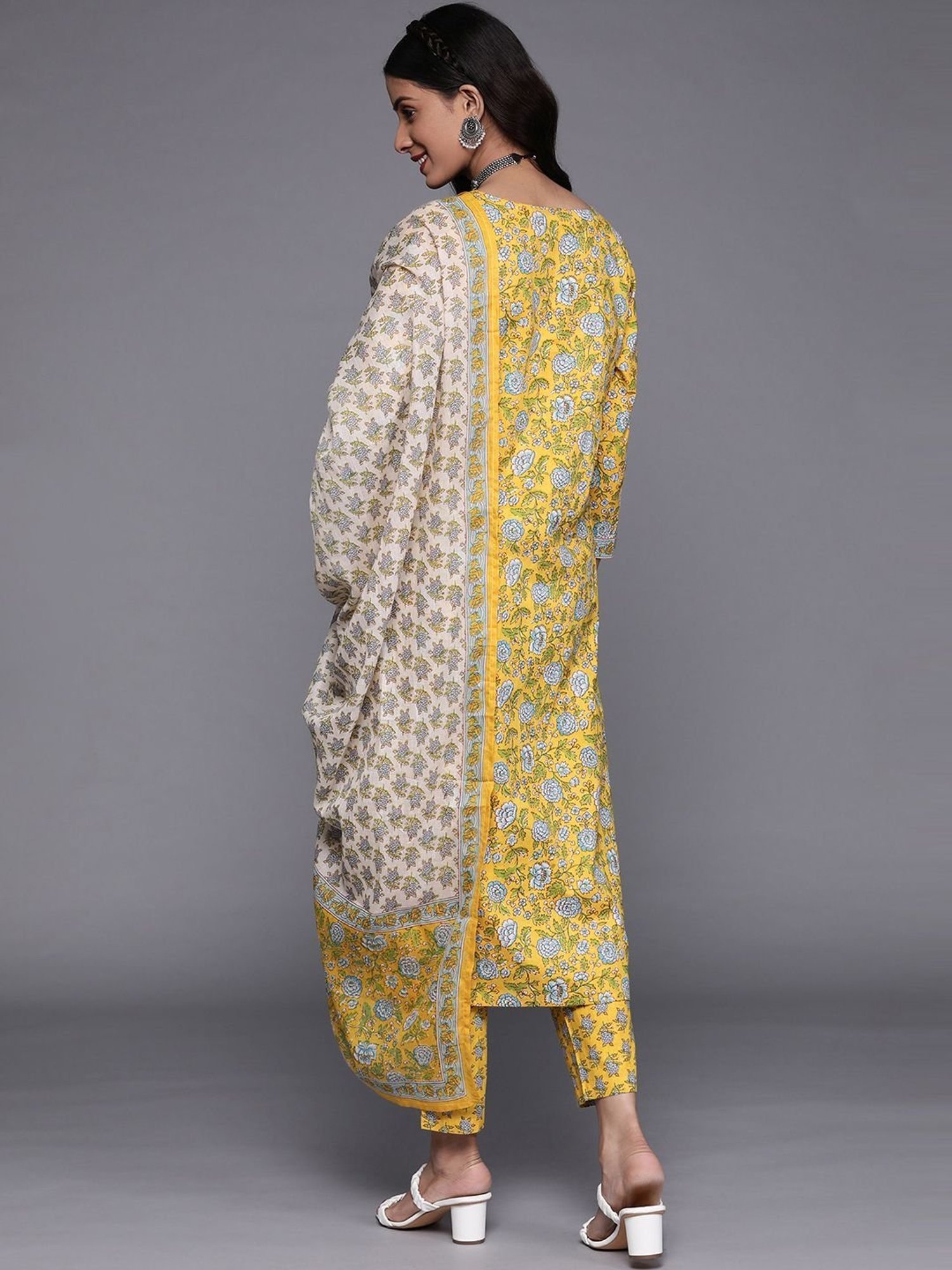 KSUT Yellow Cotton Printed Kurta Pant Set With Dupatta