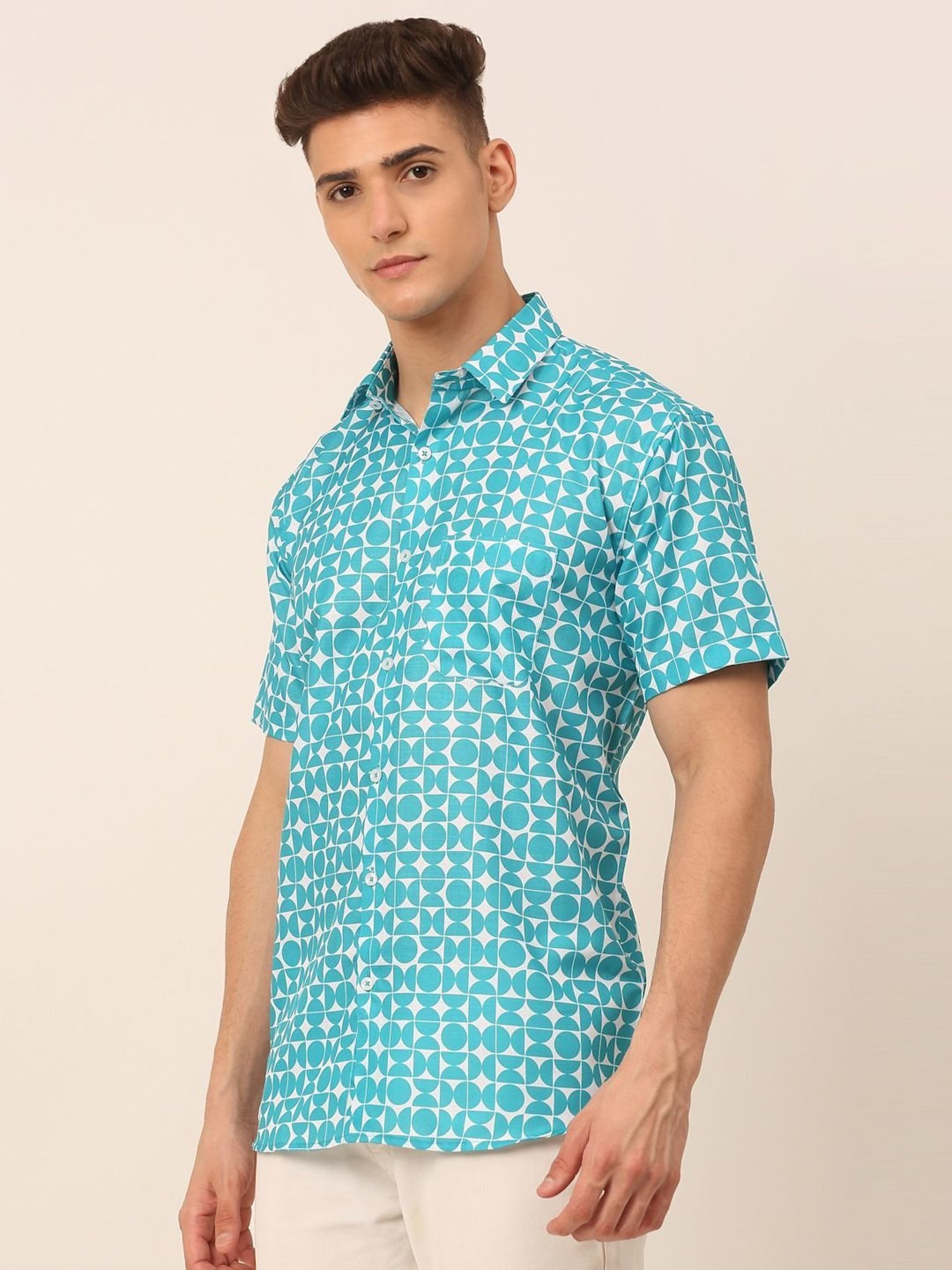 Jainish Aqua Cotton Regular Fit Printed Shirt