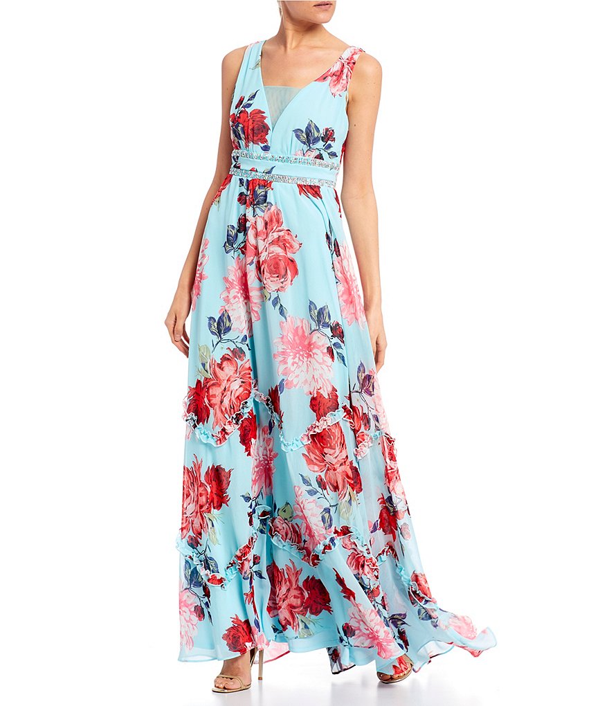 Midnight Doll Floral Chiffon Beaded Waist Long Dress