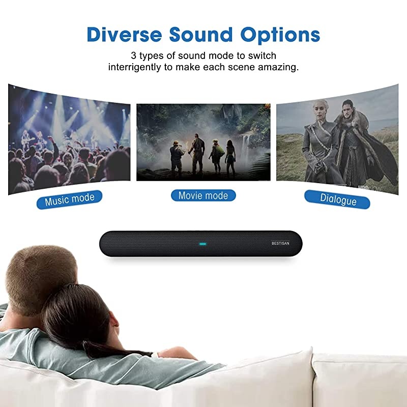 Soundbar, Bestisan TV Sound Bar Wired and Wireless Bluetooth 5.0 Home Theater Speakers (4 Drivers, Enhanced Bass Technology, Dual Connection Methods, Dialogue/Movie/Music Audio Mode)