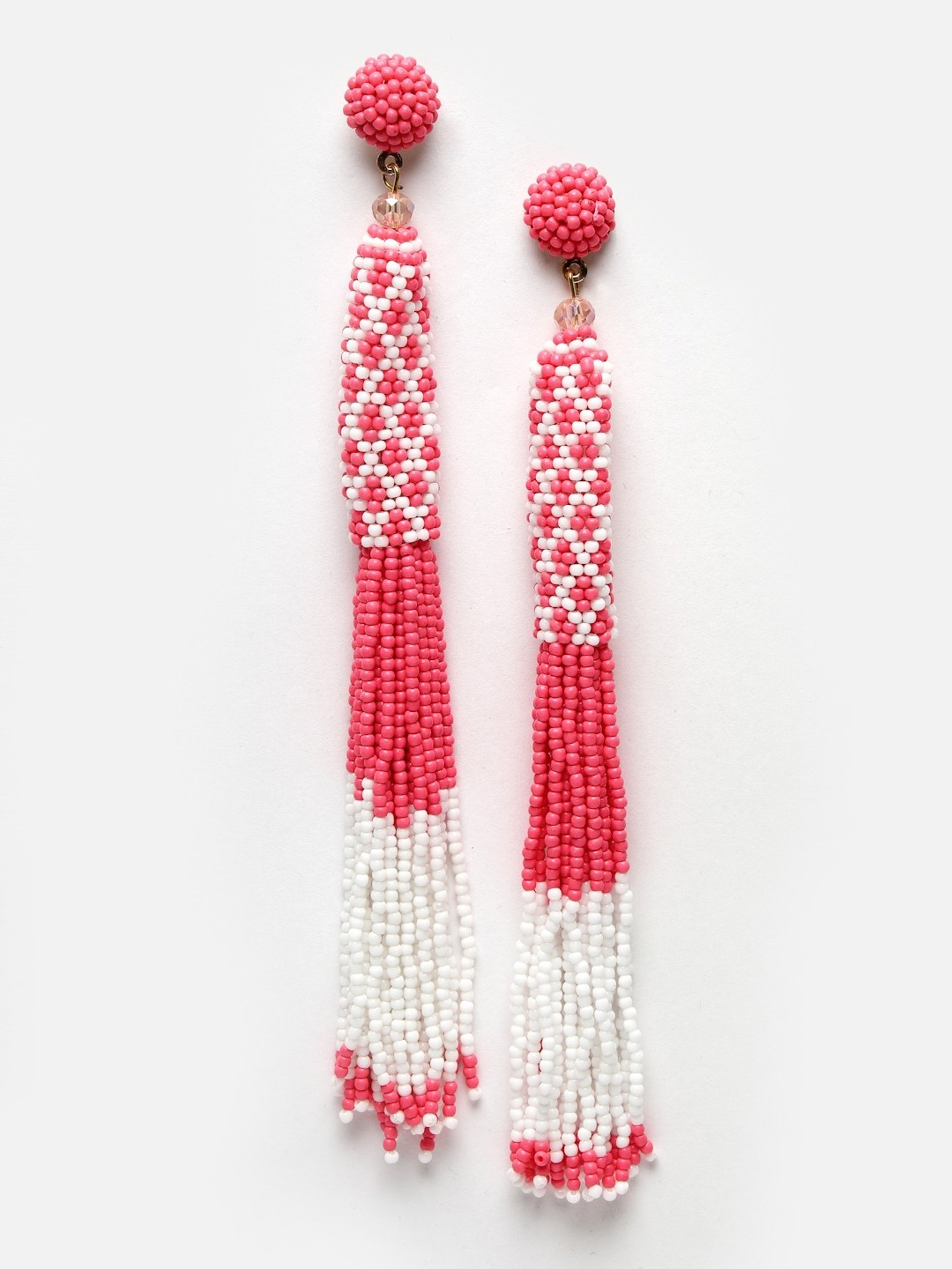 Moedbuille Pink and Off White Beads Contemporary Tasselled Design Gold Handcrafted Earrings