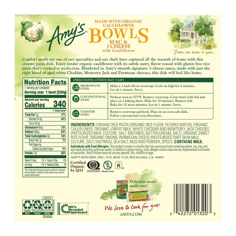 Amy's Frozen Mac & 3 Cheese with Cauliflower Bowl - 8.25oz