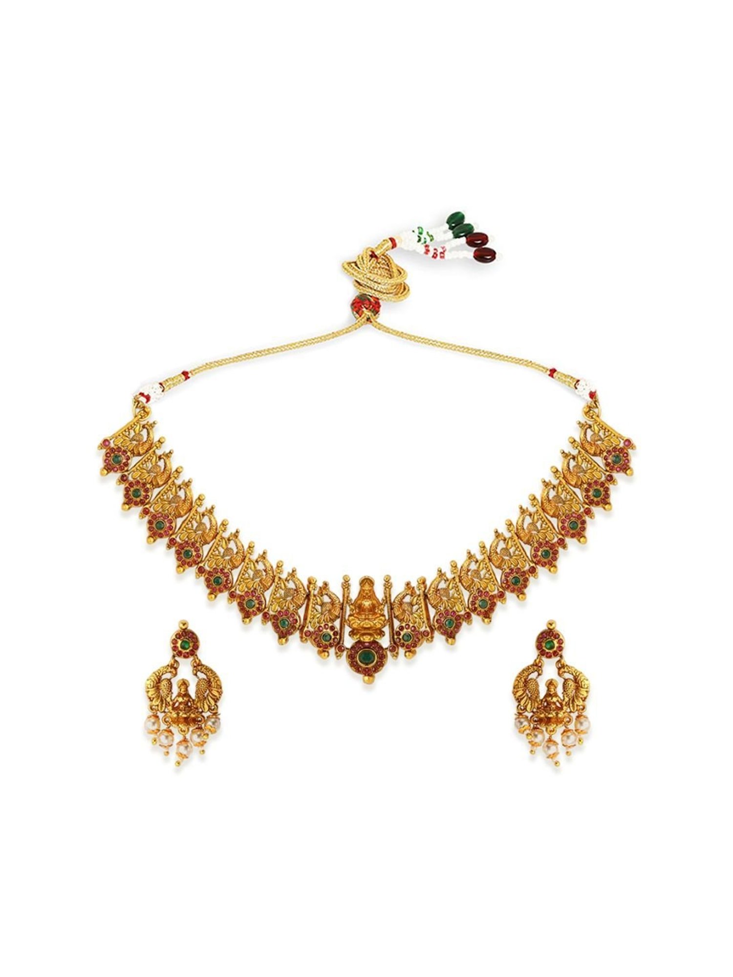 OOMPH Antique Gold Tone Red & Green Stone & Beads Choker Necklace Set for Women