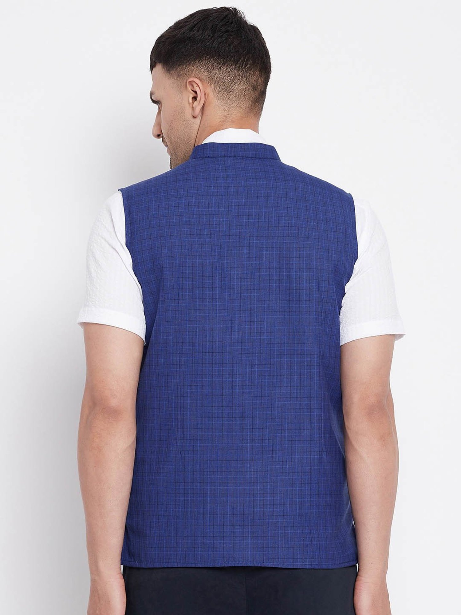 Even Blue Mandarin Collar Check Nehru Jacket