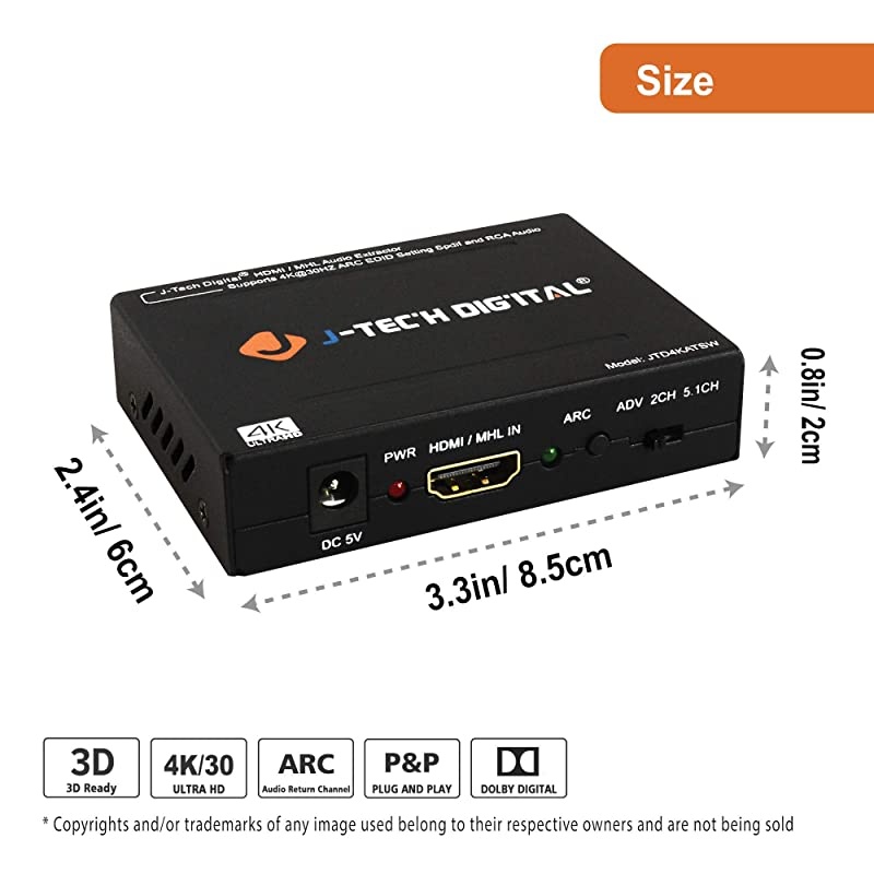 HDMI 1.4 Audio Extractor De-Embedder 4K@30Hz Optical SPDIF Toslink RCA [JTD4KATSW]