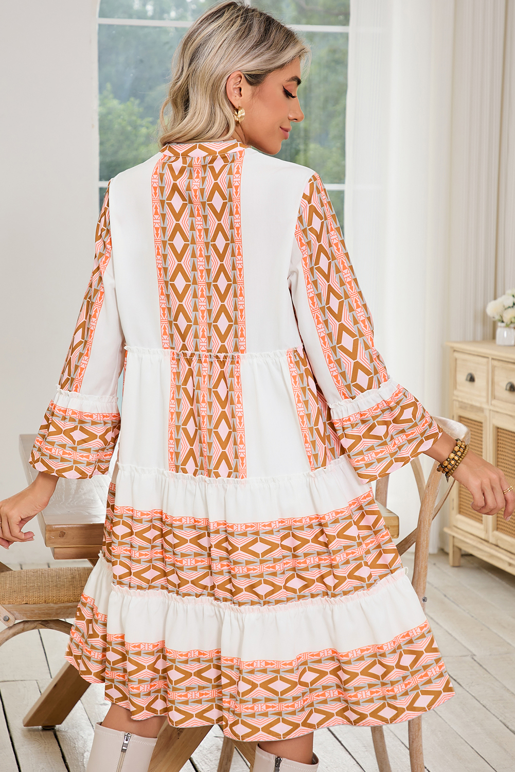 Orange Boho Geometric V-Neck Frill Tiered Mini Dress