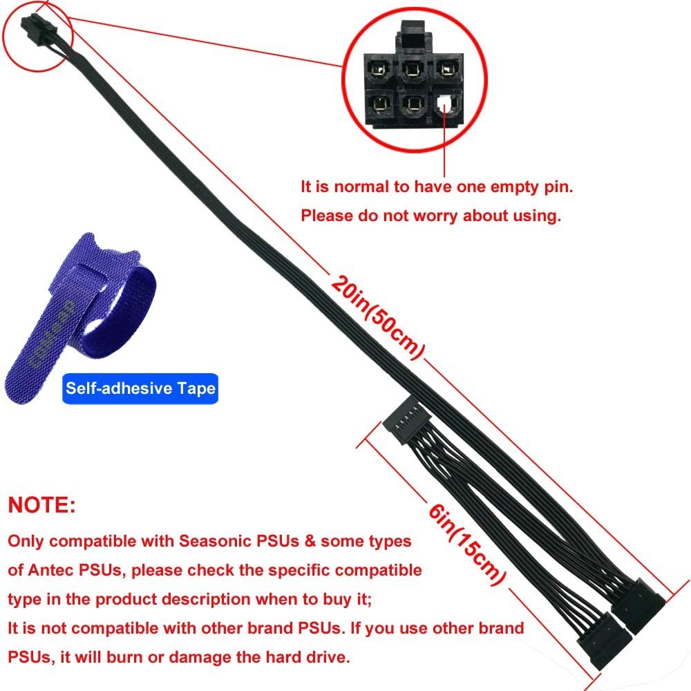 6 Pin Male to 3X 15 Pin SATA Female Hard Drive Power Adapter Cable for Seasonic Antec Modular Power Supply 20-in(50cm)