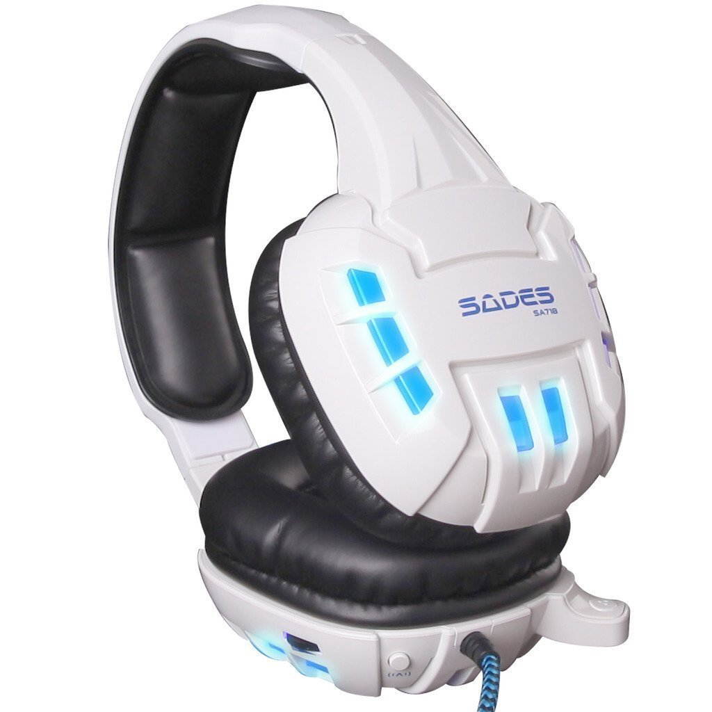 GW SADES SA718S USB Laptop Stereo Wired PC Gaming Headset Over Ear Headband Headphones with Microphone Vibration LED Lights(White)