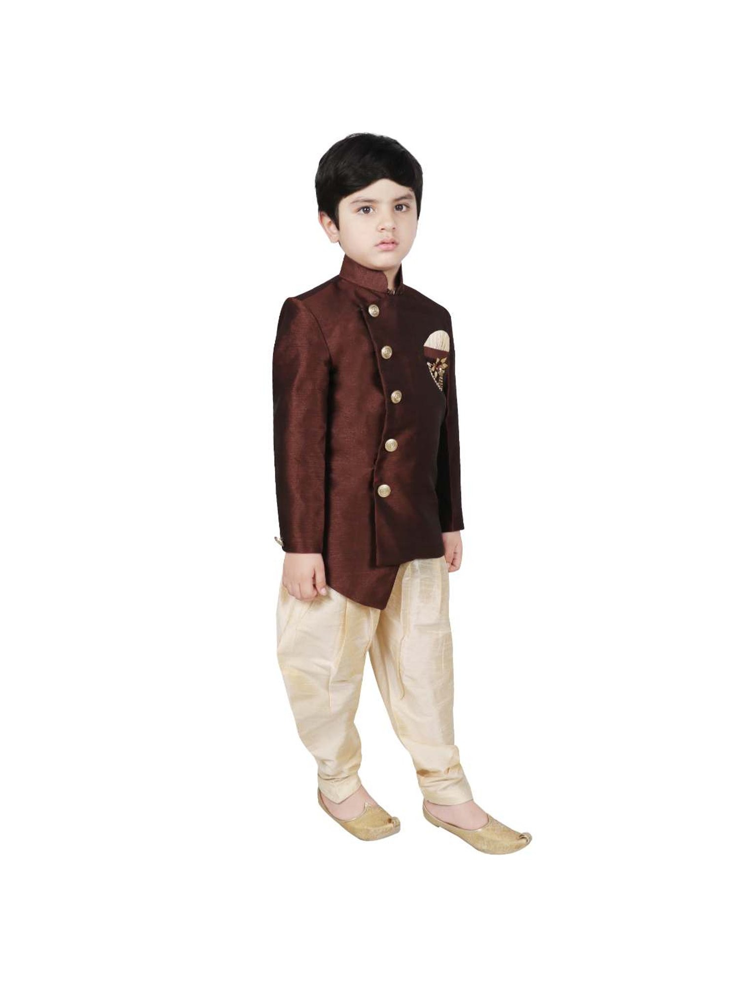 SG Yuvraj Kids Brown & White Solid Sherwani with Pyjama