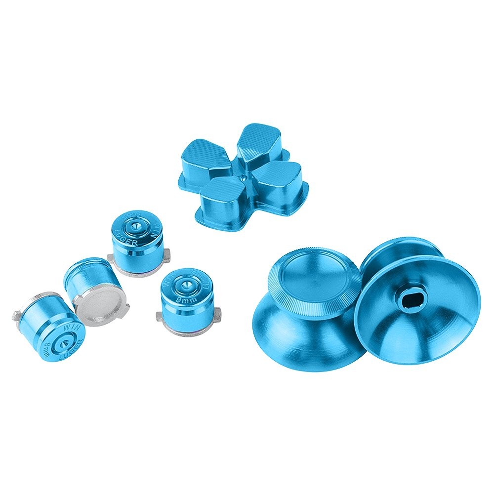XFUNY(TM) Metal Bullet Buttons ABXY Buttons + Thumbsticks Thumb Grip and Chrome D-pad for Sony PS4 DualShock 4 Controller Mod Kit (Blue)
