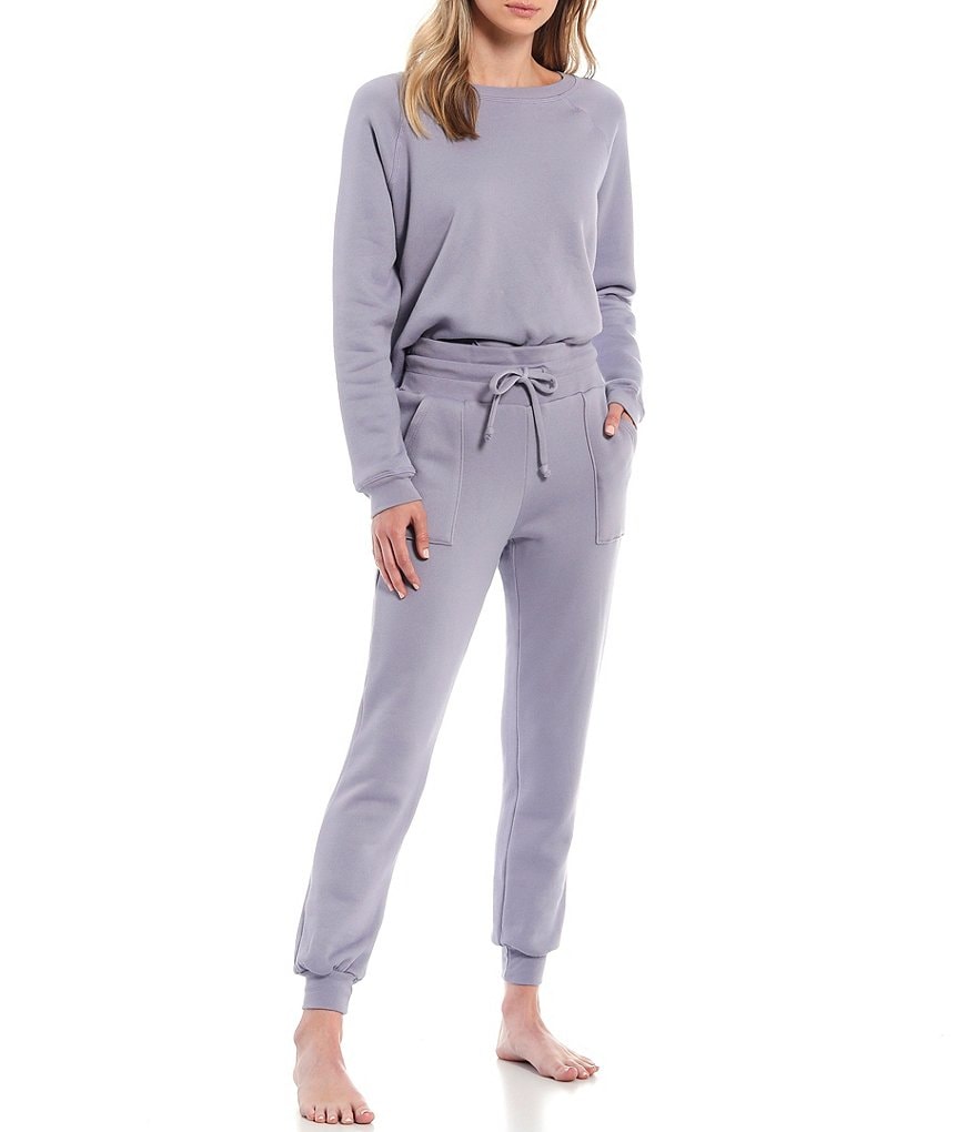 JALA Solid French Terry Cropped Crew Neck Long Sleeve Lounge Top