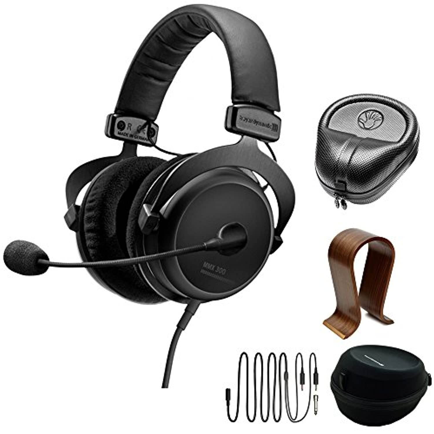 beyerdynamic MMX 300 PC Gaming Digital Headset with Microphone 2nd Generation 32 Ohms (718300) with Slappa HardBody PRO Full Sized Headphone Case Black  and  Universal Wood Headphone (E1BEYMMX300GEN2)