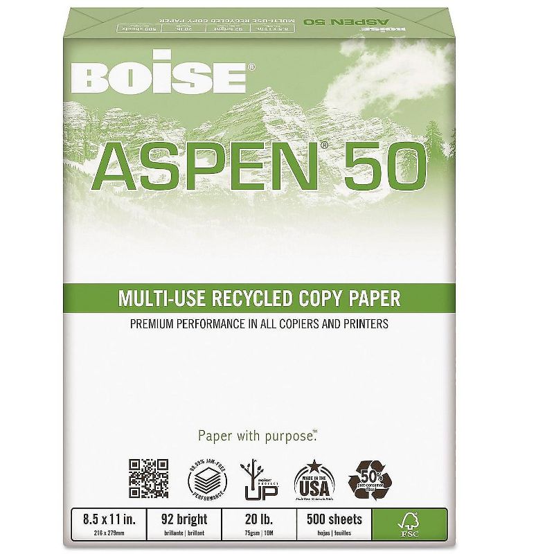 Boise ASPEN 50% Multi-Use Recycled Paper 92 Bright 20lb 8 1/2 x 11 White 055011