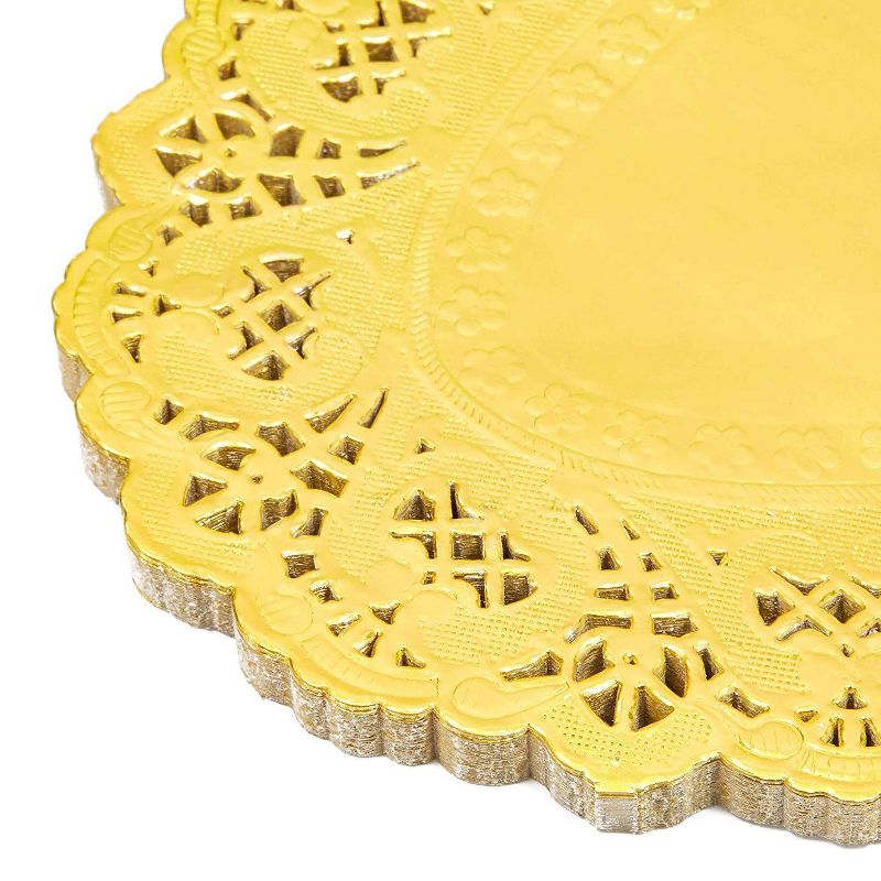 Juvale 100 Piece Gold Disposable Oval Paper Doilies Lace for Art & Craft Pastry Decorations, 7.5 x 10.5 in