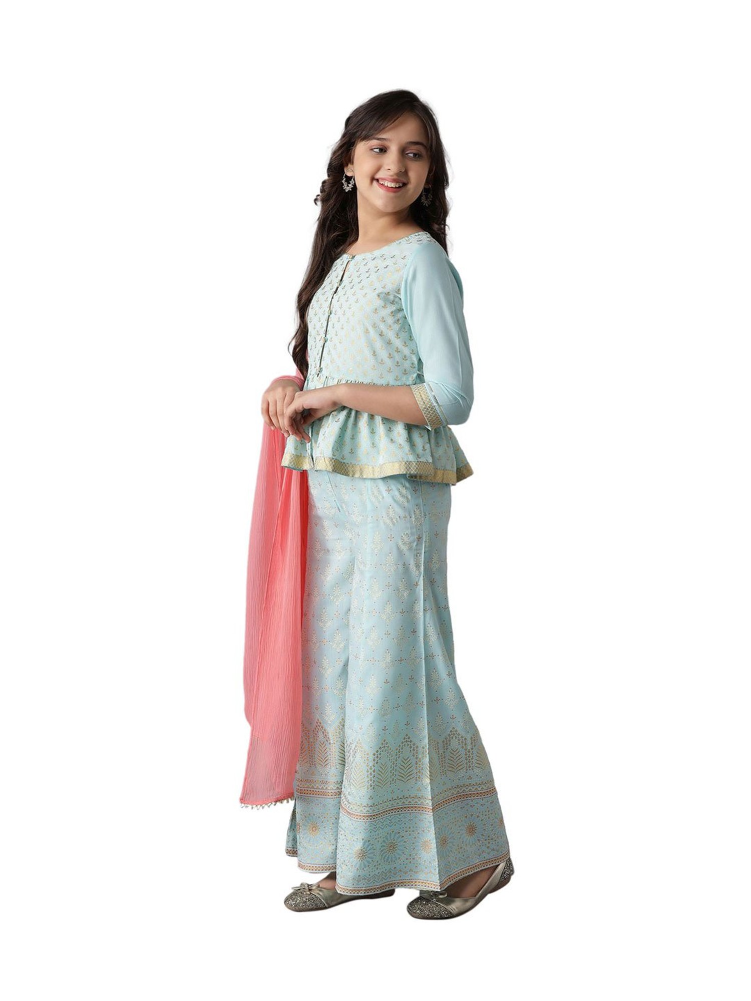 Aurelia Kids Blue & Pink Printed Short Kurta, Palazzos with Dupatta