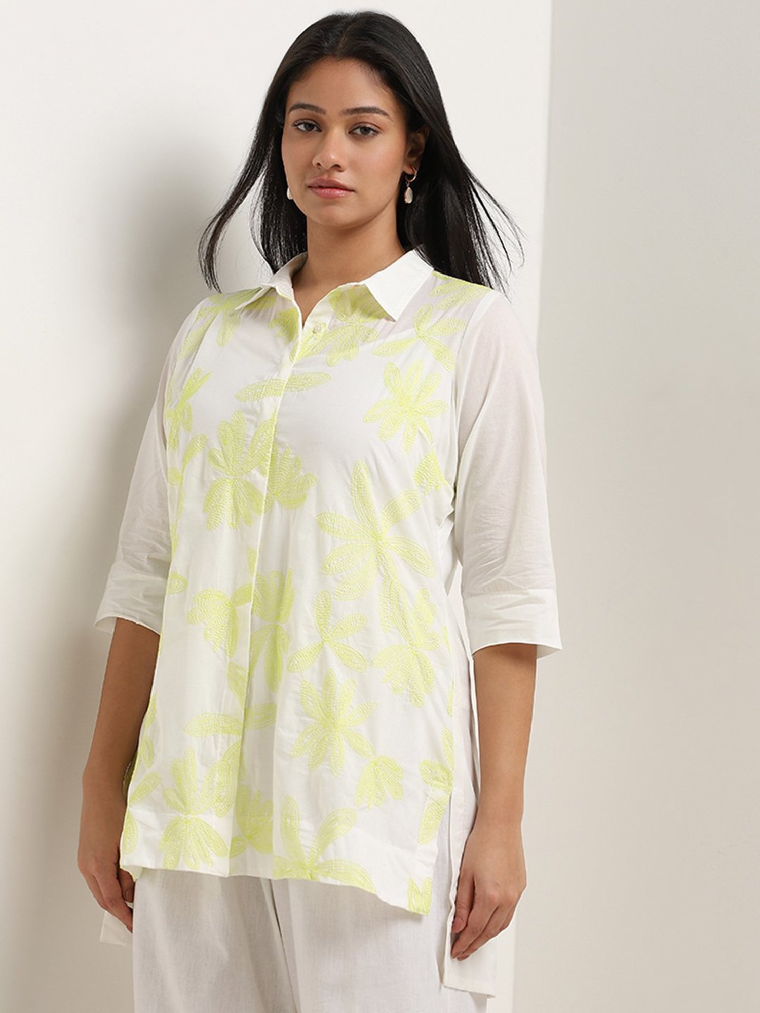 Diza by Westside Lime Floral Embroidered High-Low Cotton Tunic