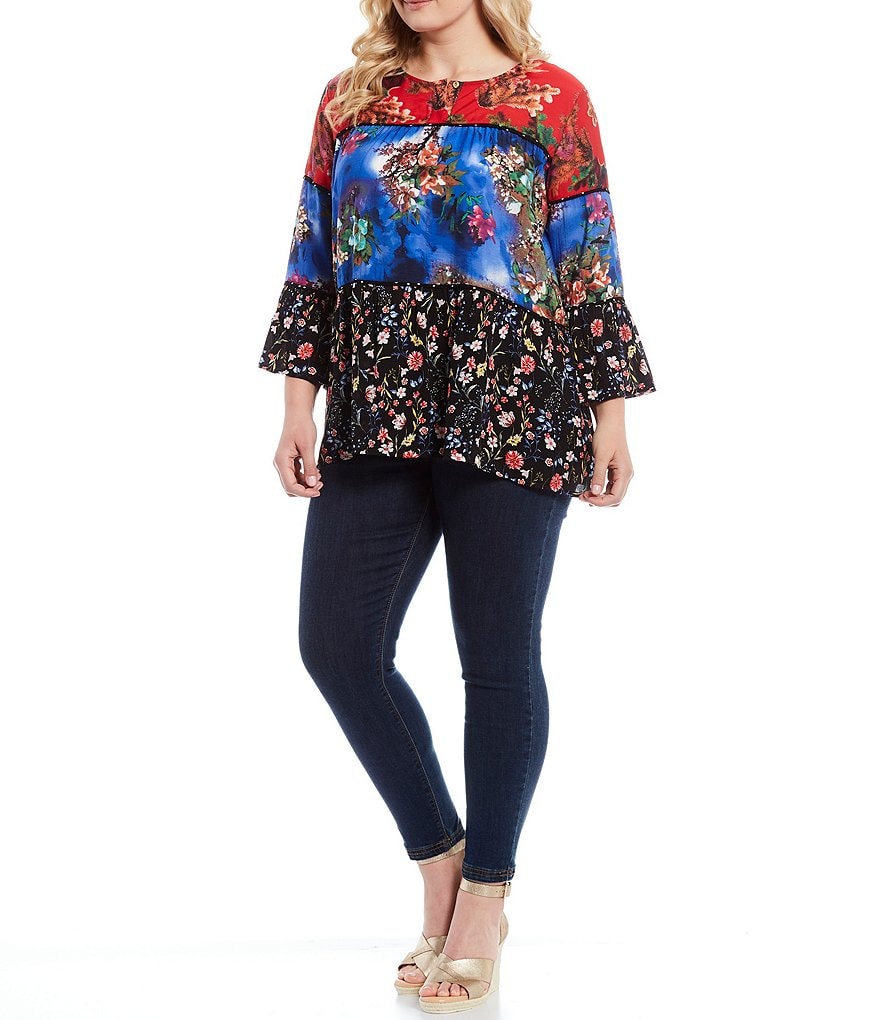 Calessa Plus Size Mixed Floral Block Print Round Neck Long Sleeve Tunic