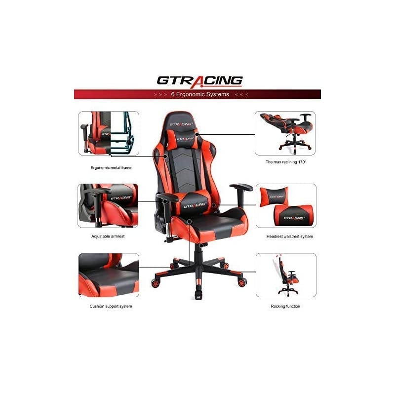 Gaming Chair Racing Office Computer Ergonomic Video Game Chair Backrest and Seat Height Adjustable Swivel Recliner with Headrest and Lumbar Pillow Esports Chair Red