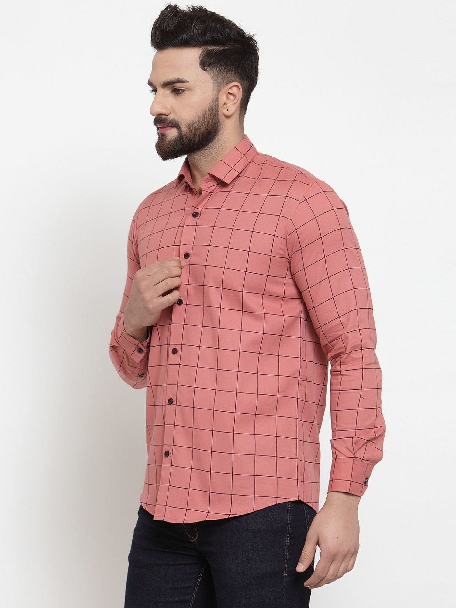 Jainish Peach Cotton Regular Fit Checks Shirt