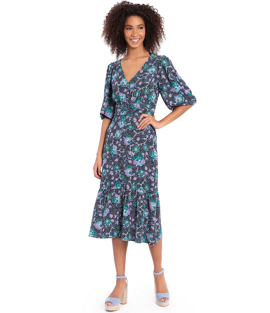 Maggy London V-Neck Floral Print Bubble Crepe Midi Dress
