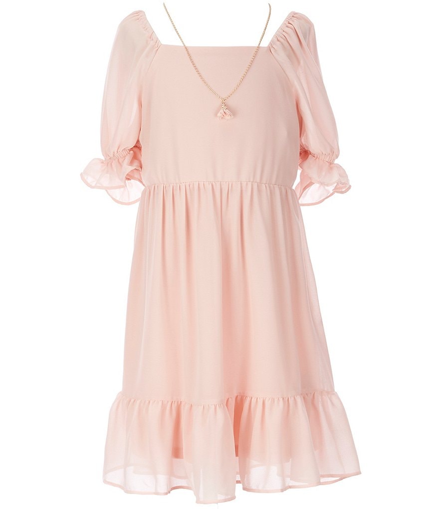 I.N. Girl 7-16 Puffed Ruffled Sleeve Solid Georgette Fit-And-Flare Dress