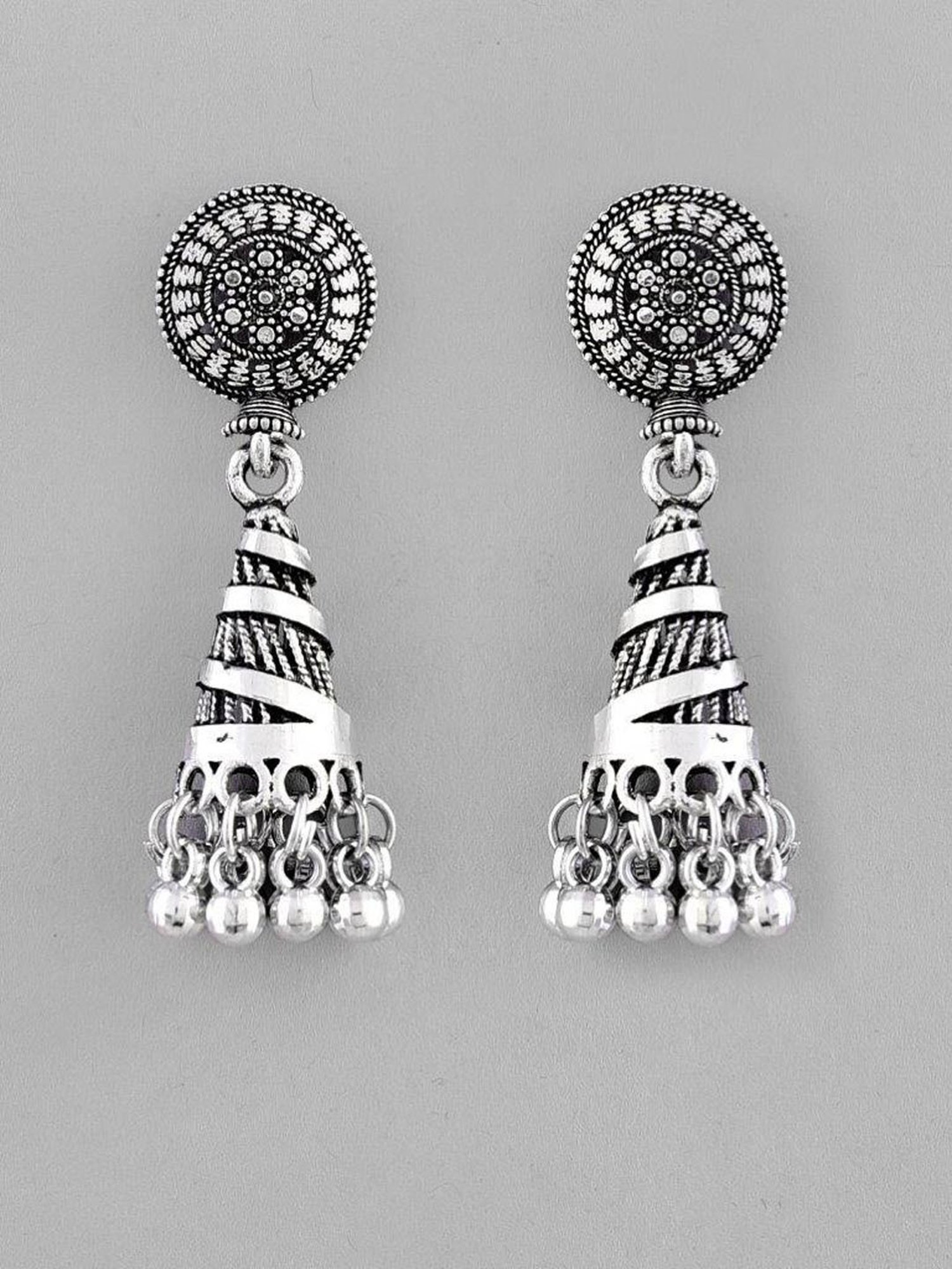 VOJ Oxidised Silver Plated Contemporary Jhumka for Women