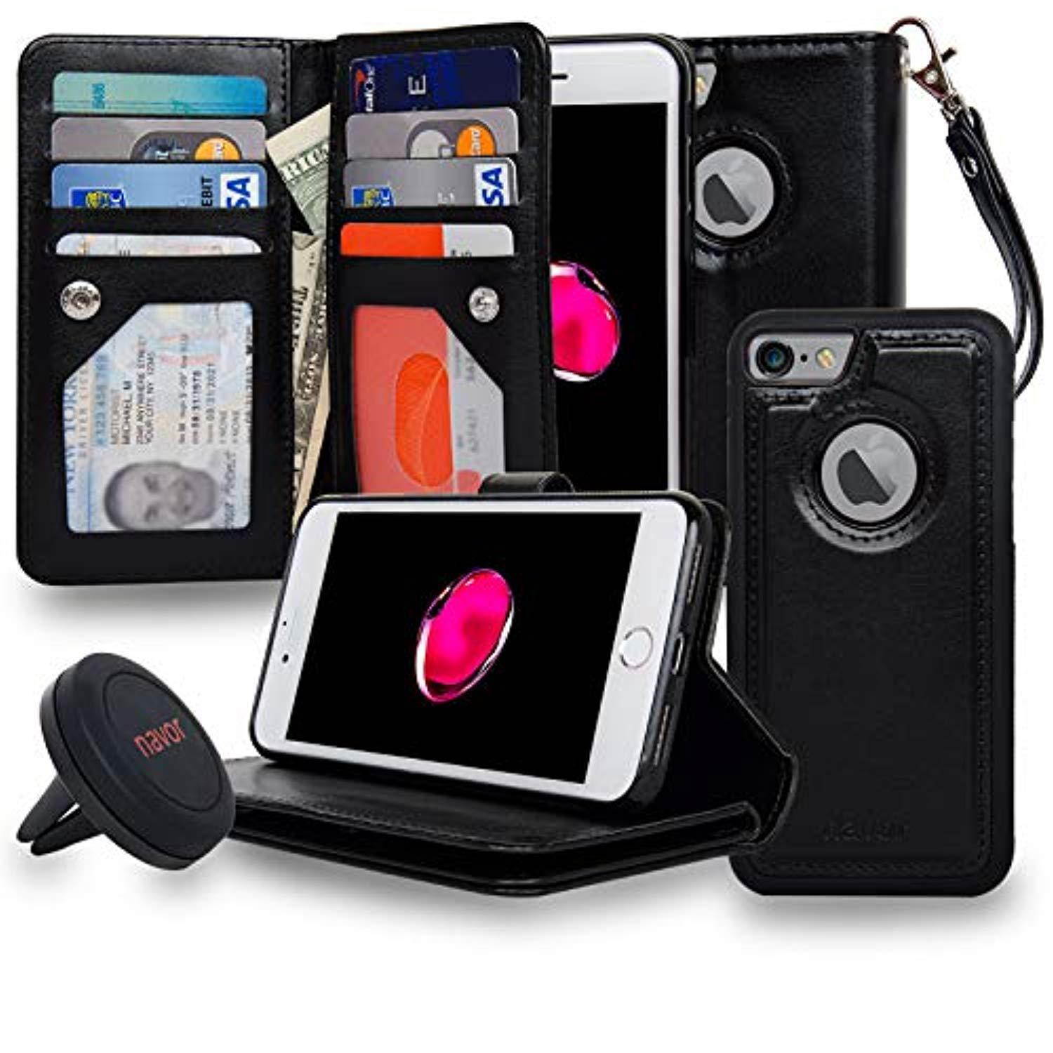 navor magnetic detachable wallet case and universal car mount, rfid protection, 8 card pockets, 3 money pockets compatible for