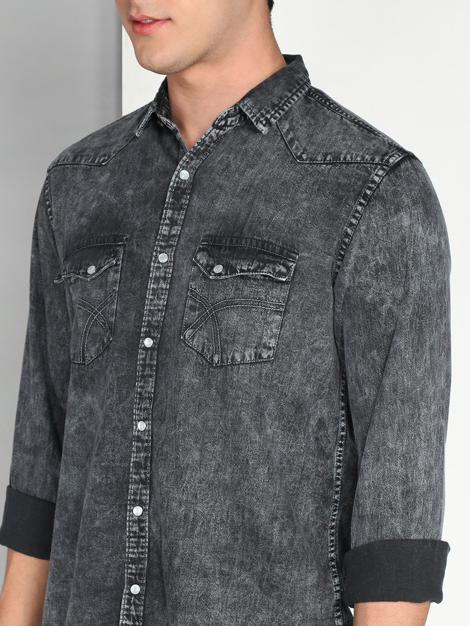 Kuons Avenue Dark Grey Slim Fit Denim Shirt