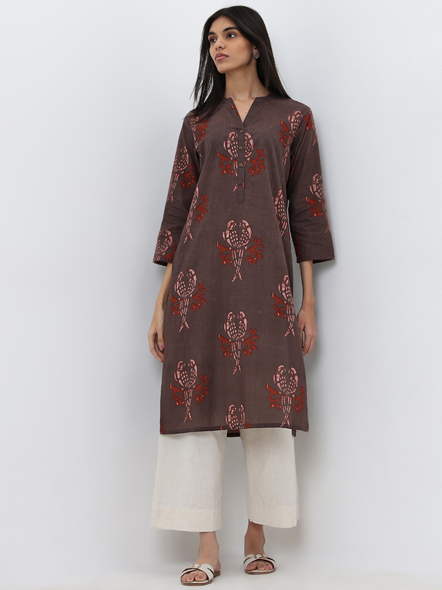 Utsa by Westside Brown Abstract Printed Straight Cotton Kurta