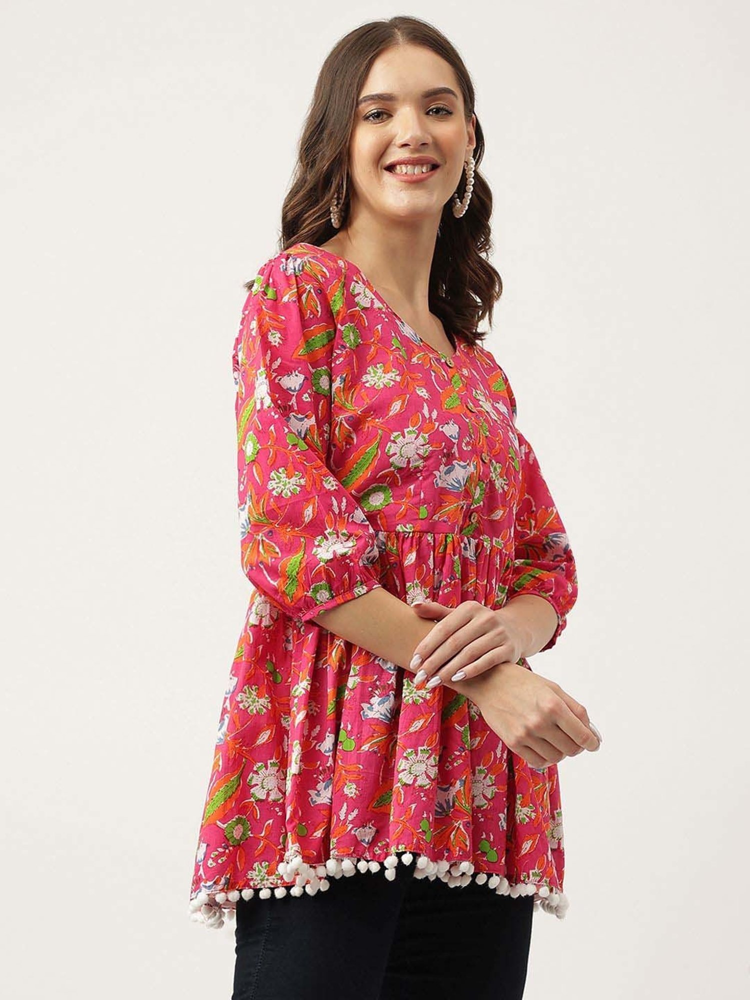 Divena Pink Cotton Floral Print Top