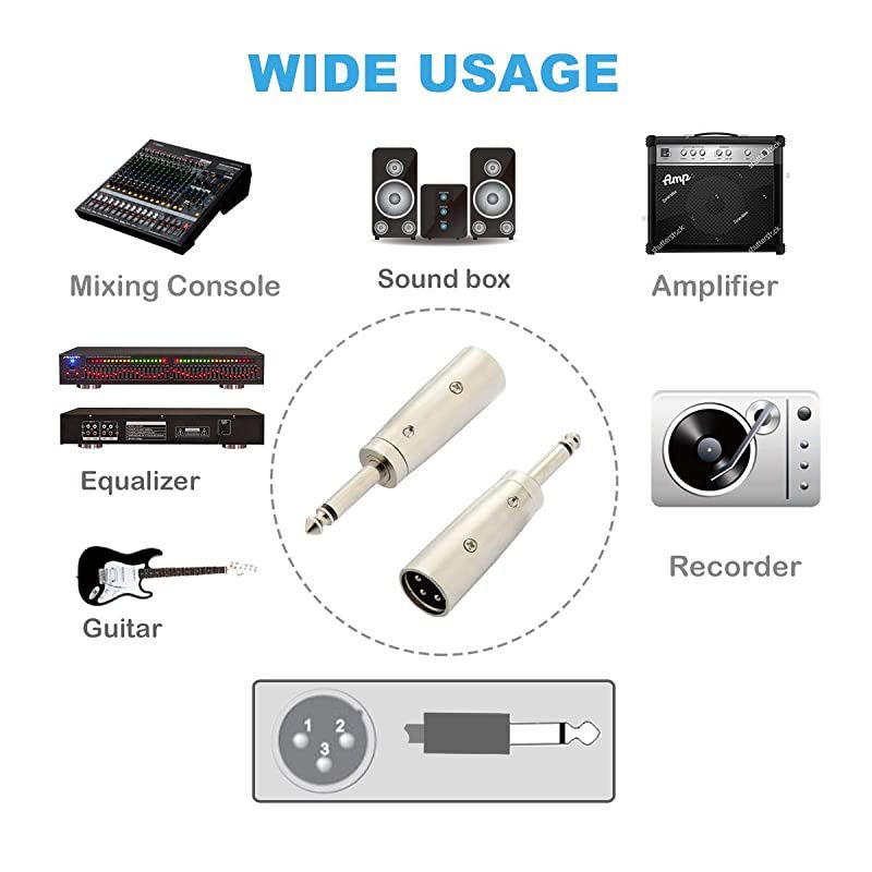 Male to 14 TS Adapter 635mm Mono Plug to Male Unbalanced Audio Adapter Gender Changer Connector Silver 2 Pack JOLGOO