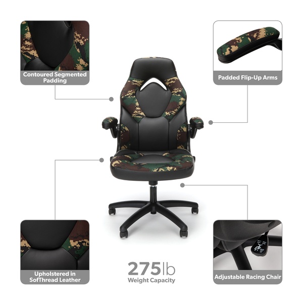 OFM Essentials Collection Racing Style Bonded Leather Gaming Chair, in Arctic Camo (ESS-3085-ARC)