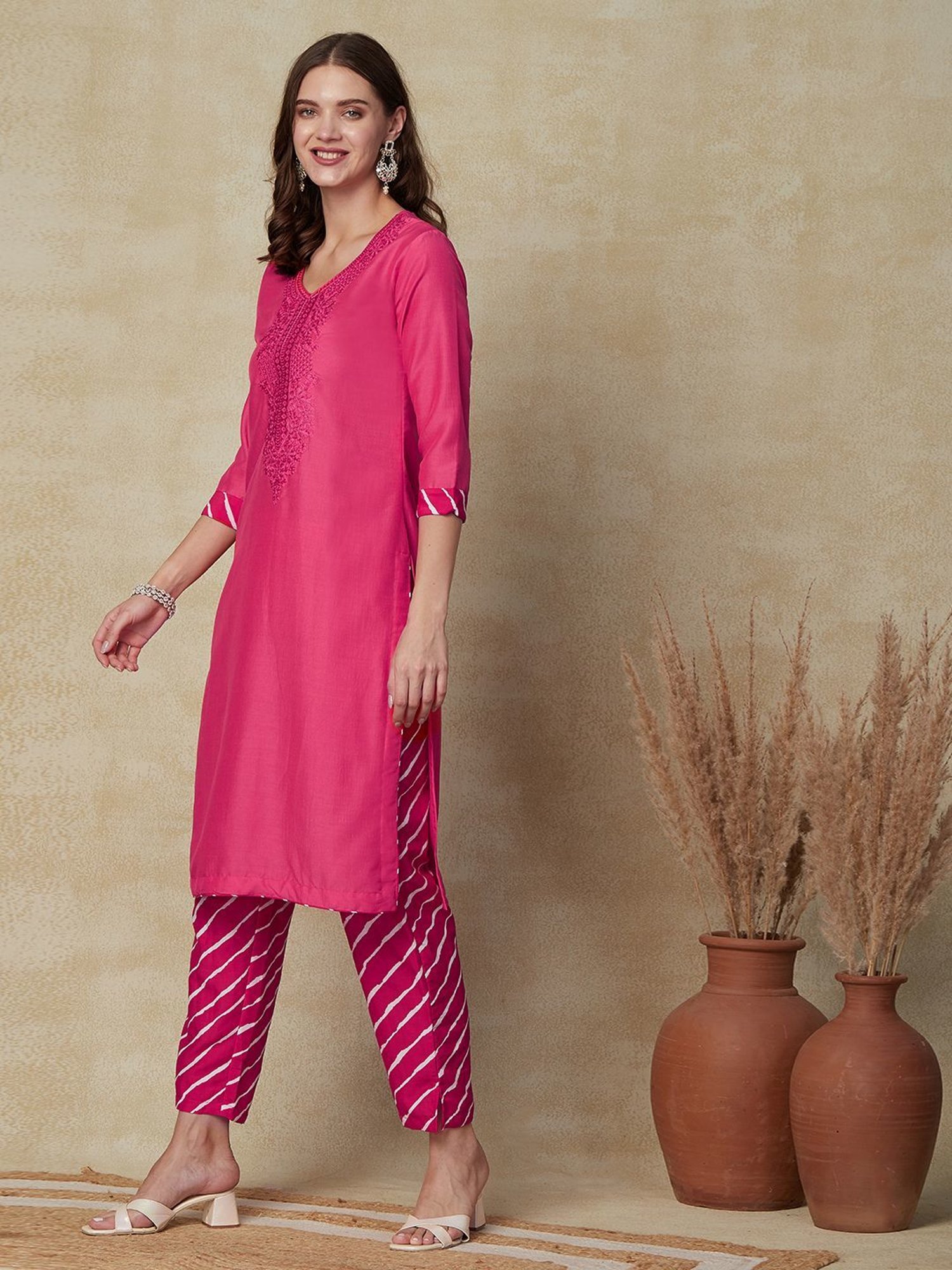 Fashor Pink Embroidered Kurta Pant Set