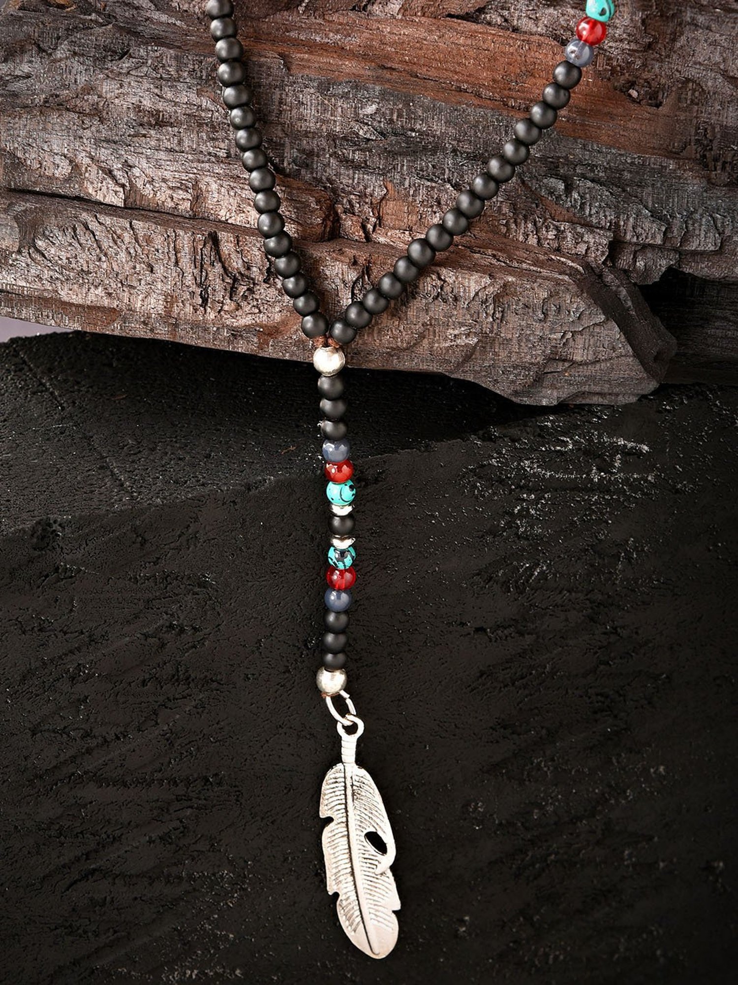 The Bro Code Black Beaded Feather Charm Necklace For Men