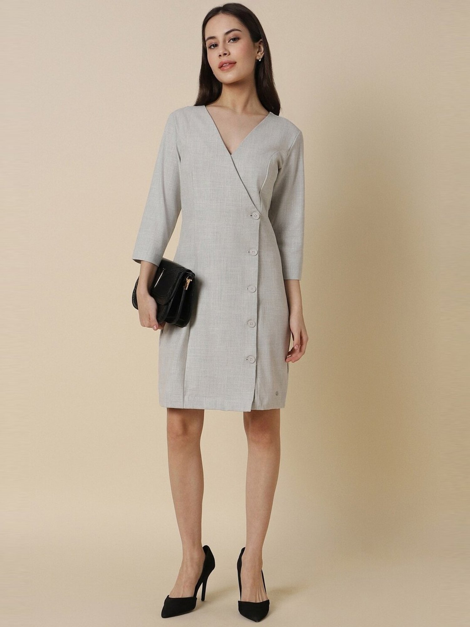 Allen Solly Grey Chequered Shift Formal Dress