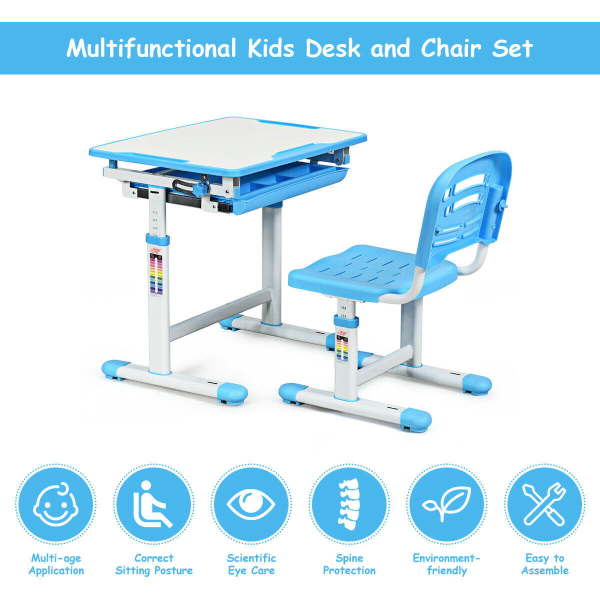 Height Adjustable Children&rsquo;s Desk Chair Set Multifunctional Study Drawing Blue