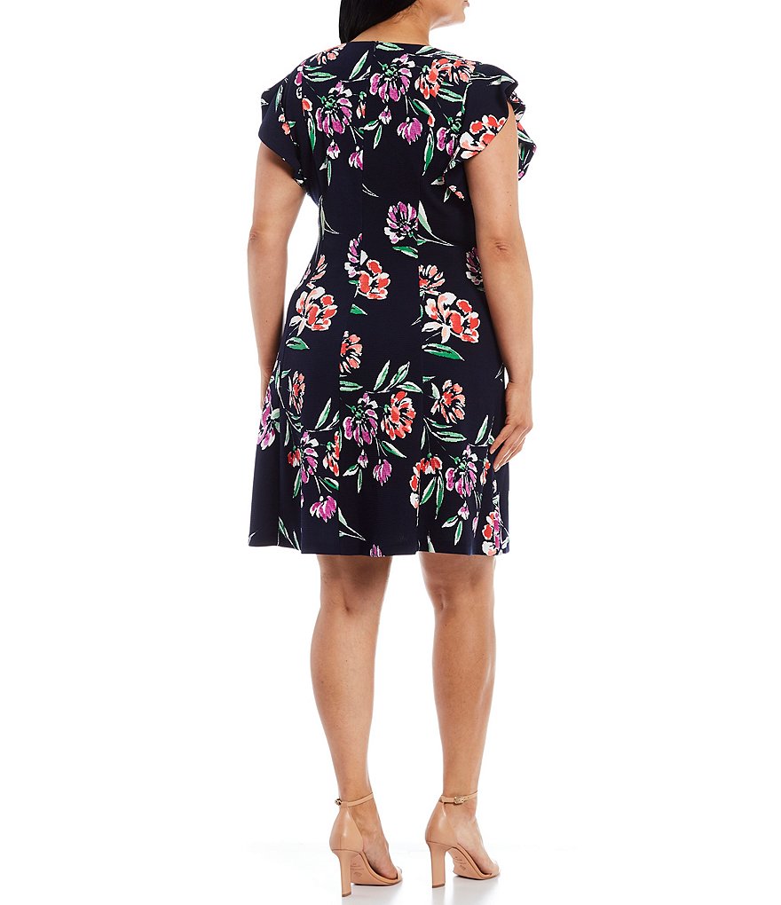Jessica Howard Plus Size Crew Neck 3/4 Sleeve Printed Trapeze Dress