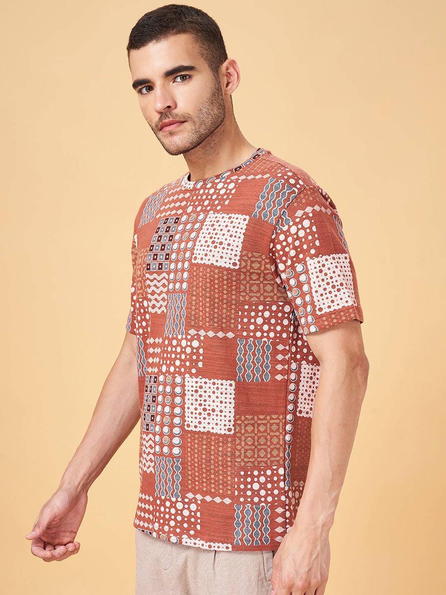 7 Alt by Pantaloons Rusty Orange Cotton Relaxed Fit Printed T-Shirt