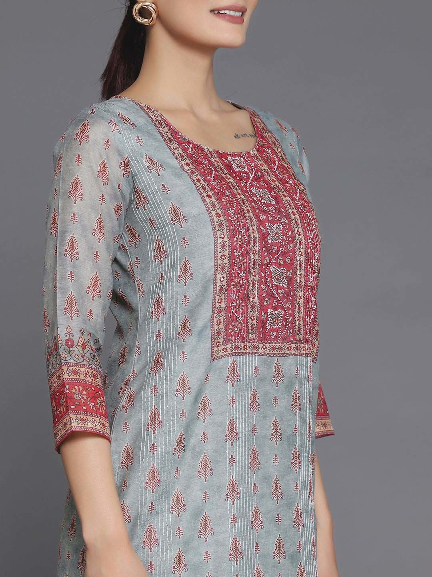 Libas Grey Printed Straight Kurta