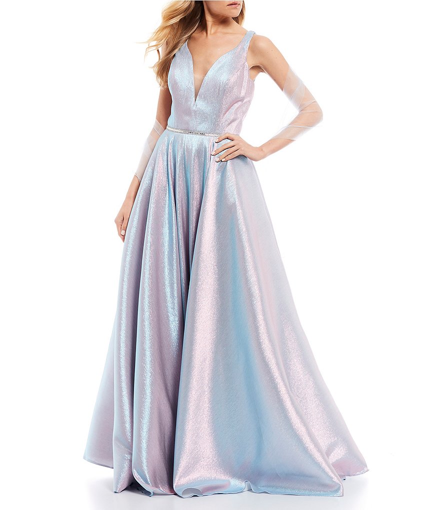 Coya Collection Sleeveless Plunging V-Neck Iridescent Shine Ball Gown