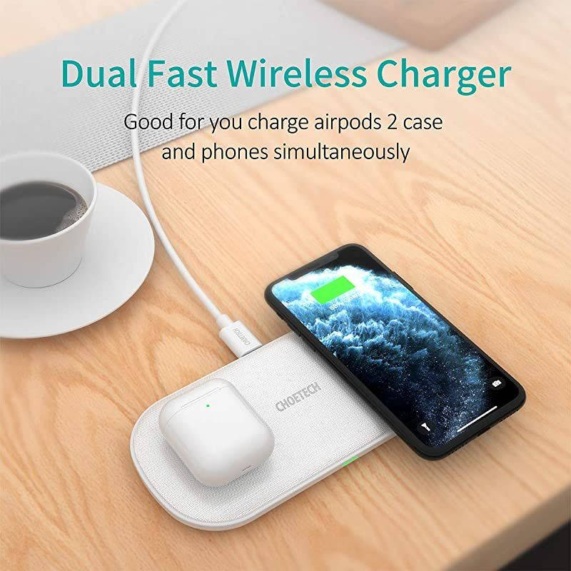 Dual Wireless Charger, 5 Coils Qi Certified Fast Wireless Charging Pad Compatible with iPhone SE 2020/11/11 Pro Max/XS Max/XR/X/8+, Galaxy S20+/S20/Note 10/S10, AirPods Pro (With Adapter)