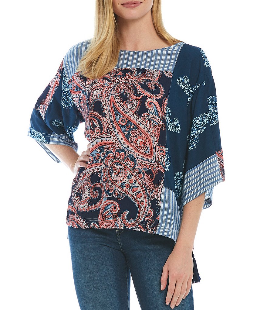 Tru Luxe Jeans Round Neck 3/4 Sleeve Mixed Print Side Tie Top
