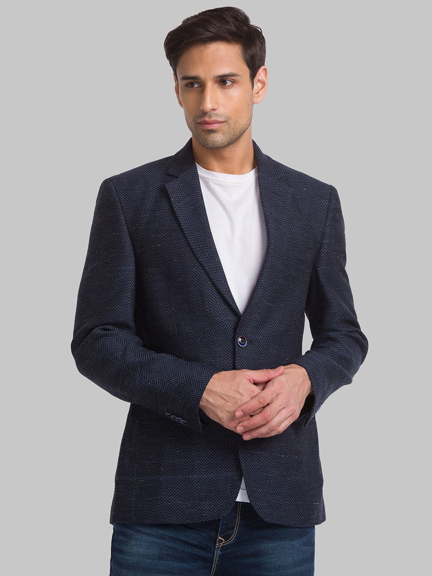 Park Avenue Dark Blue Regular Fit Herringbone Blazer