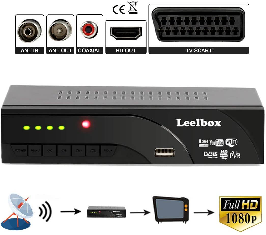 Leelbox DVB-T2 SCART LAN Full HD HEVC-DVB-T2 Receiver Freenet-TV (HDTV, HDMI, LAN, Scart, Dolby, Media Player) Starter Set Black