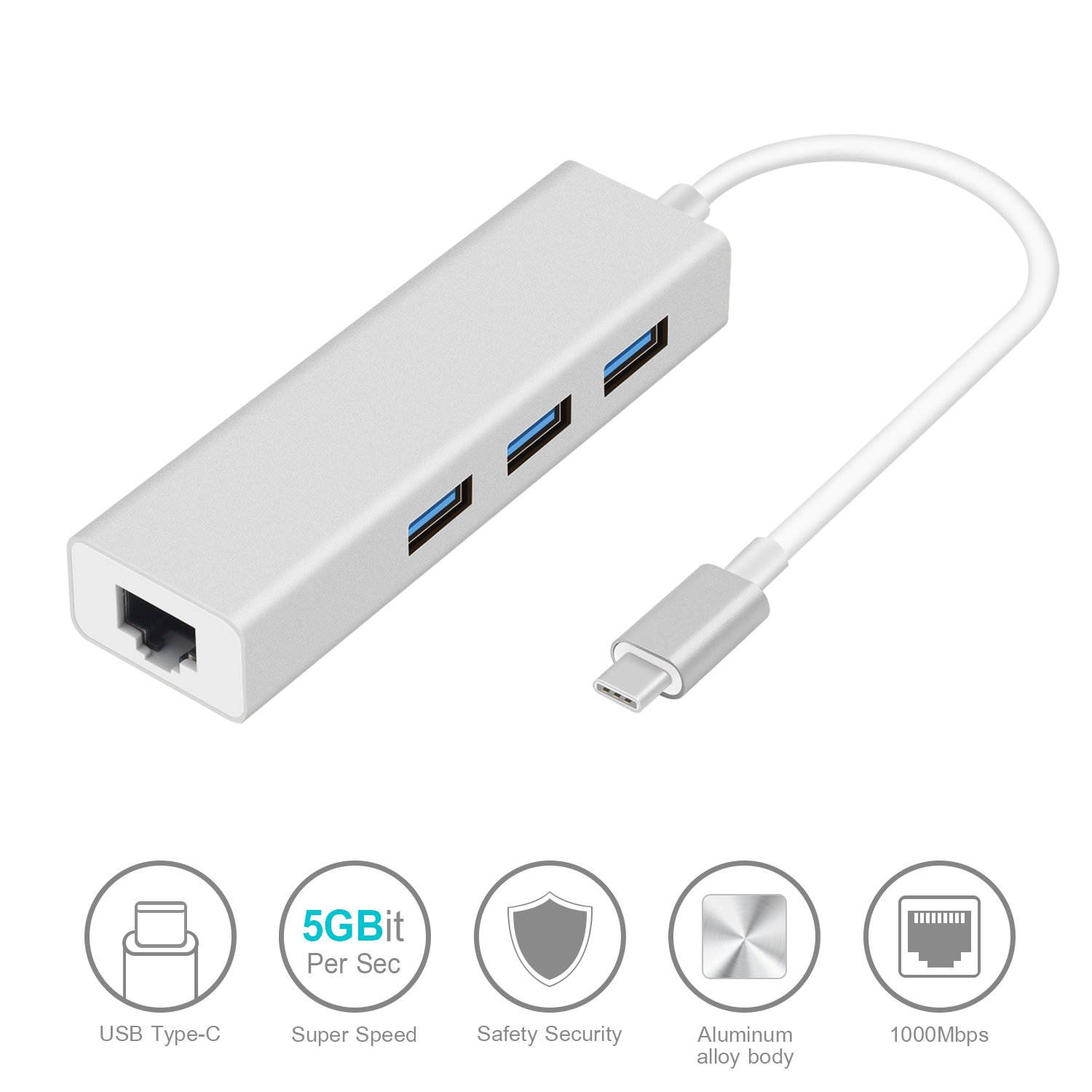 4 in 1 USB C HUB with Gigabit RJ45 3 x USB 3.0 HUB, Type-C Transfer Cable 3 USB3.0 Ports HUB 1000Mbps Free Drive Network Card, Type-C to 1000M LAN 3 x USB 3.0 Dongle.