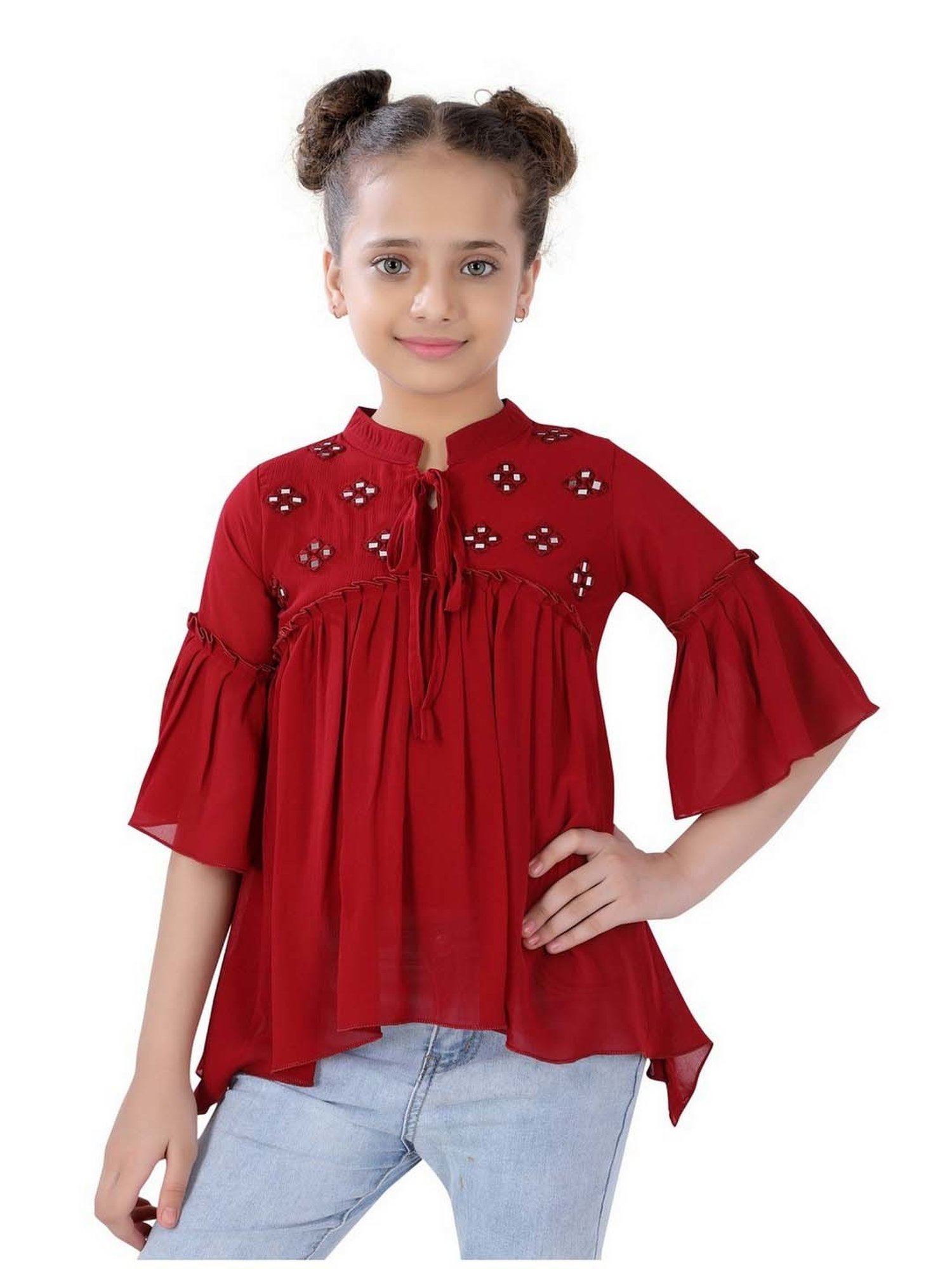 poplins Kids Maroon Cotton Embellished Top