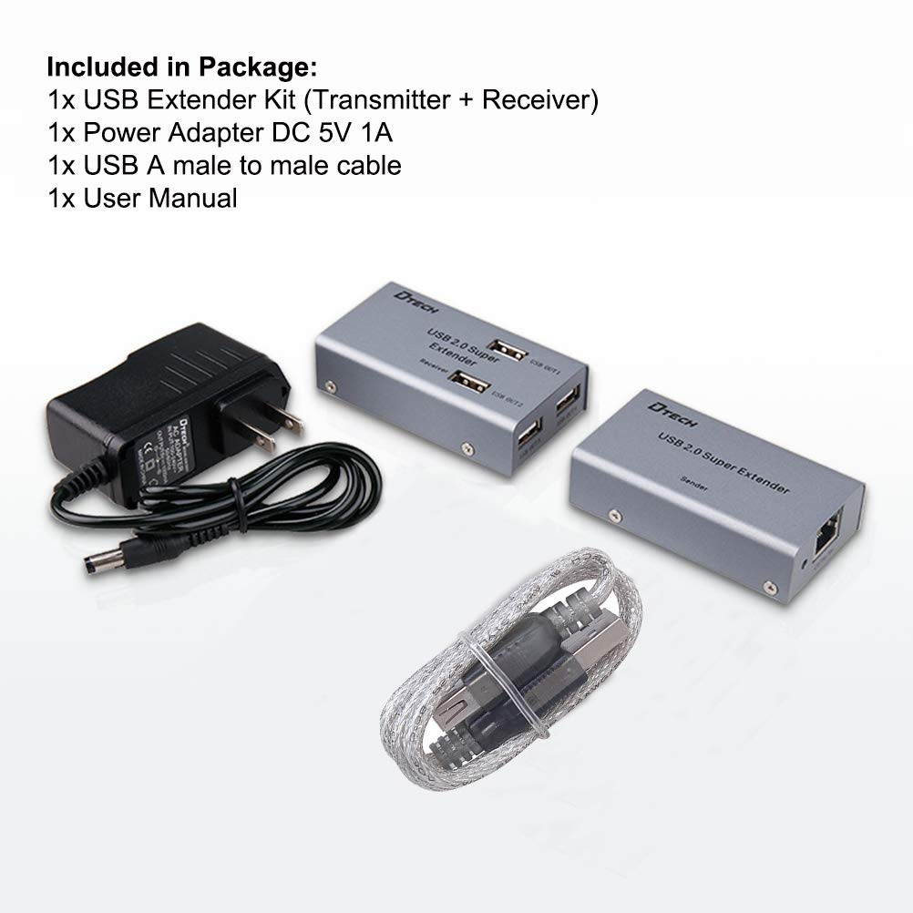 DTECH Multi USB Signal Extender Over Ethernet Cat5 Cat6 Cable up to 164 ft Extension with 4 Expansion USB A 2.0 Port Data Hub Power Supply Adapter for Computer Webcam Camera Hard Drive Keyboard Mouse