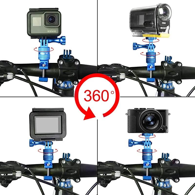 Aluminum Alloy 360&deg; Roatary Action Camera Bike Motorcycle Handlebar Clamp Mount Kit Motion Sports Camcorder BMX Bicycle Seatpost Pole Holder Compatible with GoPro Sony Akaso-Blue