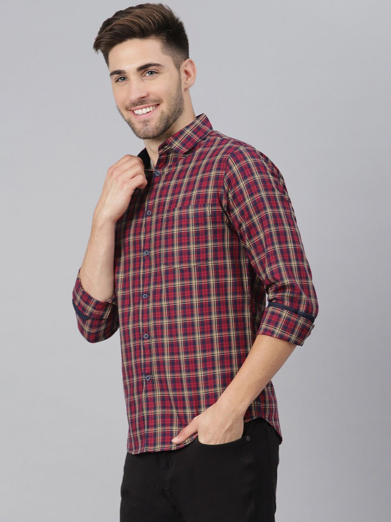 Dennis Lingo Red Cotton Slim Fit Checks Shirt