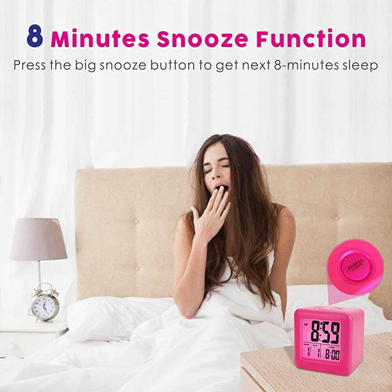 Digital Alarm Clocks Travel Clock with Snooze and Pink Nightlight Easy Setting Clock Display Time Date Alarm Ascending Sound Battery Powered Pink